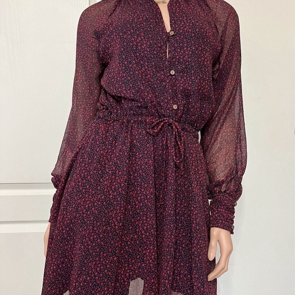 CLEOBELLA Dark Red Kelly Mini Chiffon Dress Long Sleeve V-Neck - Size Small - Picture 9 of 9